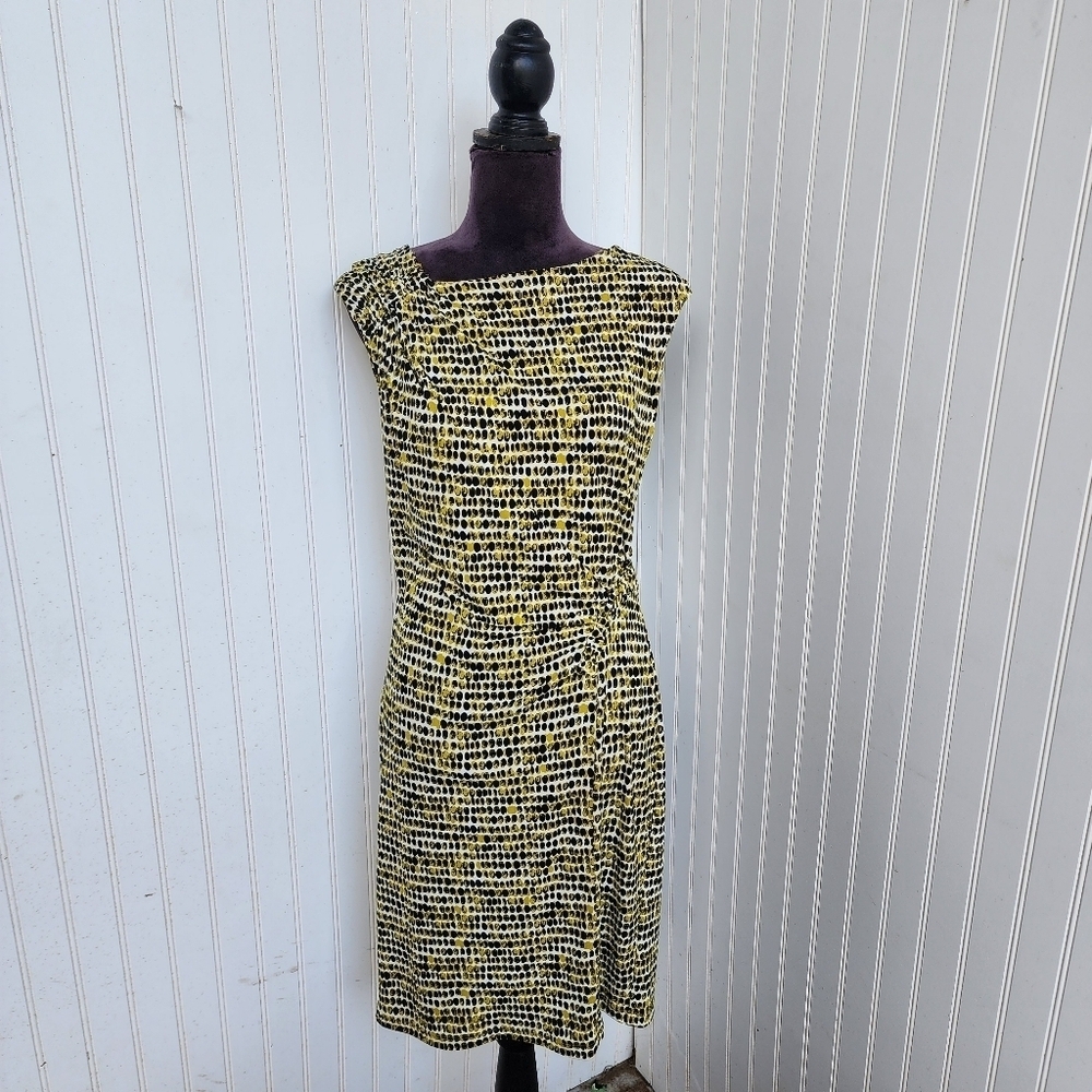 Calvin Klein Green Black Dot Printed Sleeveless Career Sheath Dress Rutched M